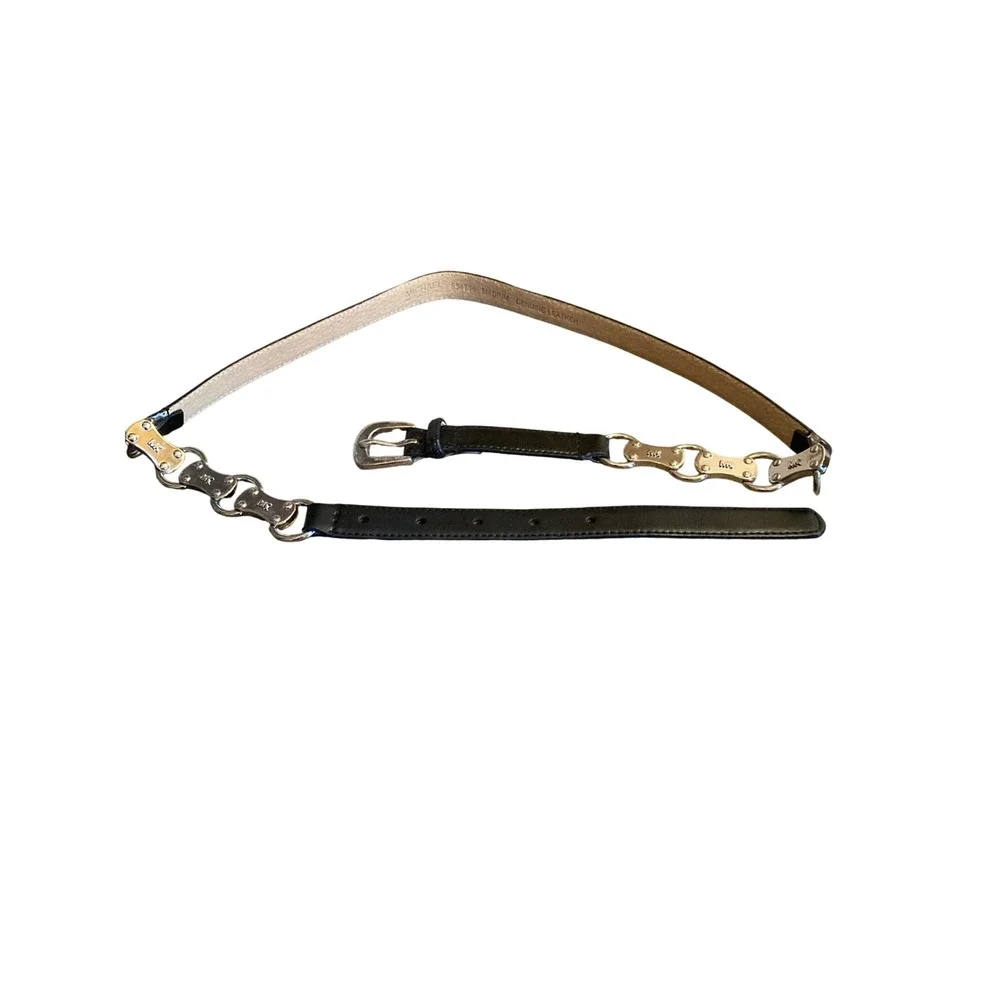 Michael Kors Black Leather Skinny Belt Silver Chain Link MK Logo 554756 Medium